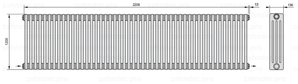 Схема (чертеж) Радиатор Zehnder Charleston 4120/48 №2670 Белый глянцевый RAL 9016